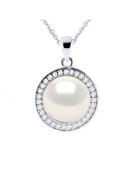 Collier Joaillerie en Argent 925, Oxydes de Zirconium et Perle de Culture 9 mm - 2 Coloris