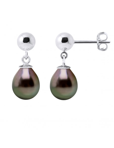 Boucles d'Oreilles Pendantes en Argent 925 et Perles de Tahiti Poires 8 mm