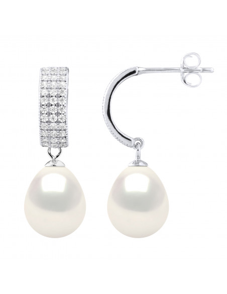 Boucles d'oreilles Demies Créoles Perles de Culture et Oxydes de Zirconium - 2 Coloris - Argent 925