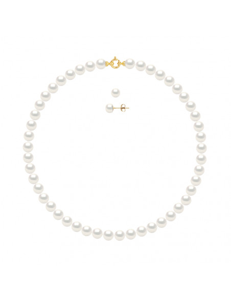 Parure Prestige Or Collier et Boucles d'Oreilles Perles Rondes 7 mm - 3 Coloris