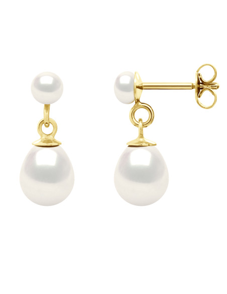 Boucles d'Oreilles Pendantes Doubles Perles de Culture - 2 Coloris - Or 375