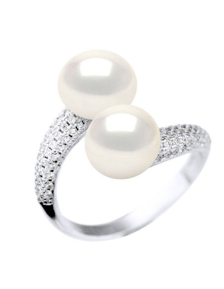 Bague Jonc Pavage Oxydes - Véritable Perle de Culture d'Eau Douce Ronde 7-8 mm