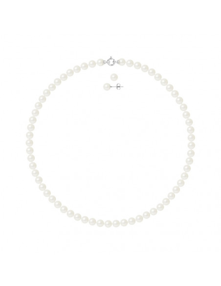 Parure Prestige Or Collier et Boucles d'Oreilles Perles Rondes 7 mm - 3 Coloris