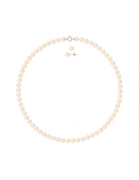 Parure Prestige Or Collier et Boucles d'Oreilles Perles Rondes 7 mm - 3 Coloris